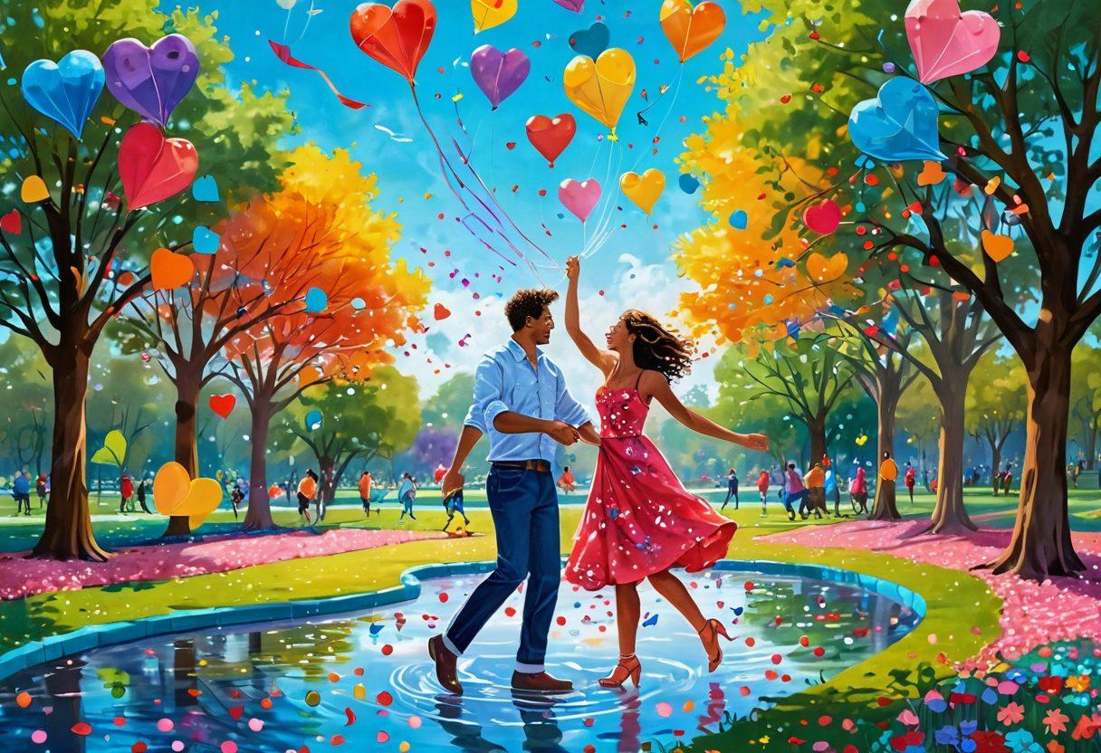 A whimsical scene featuring a couple engaging in unconventional date activities, such as dancing in a bubble bath, painting each other with bright colors, and flying colorful kites in a park. The background is filled with fantastical elements like floating hearts and confetti, radiating joy and spontaneity. Incorporate vibrant colors and playful details to represent the 'crazy' aspect. vibrant colors. playful art. whimsical style.