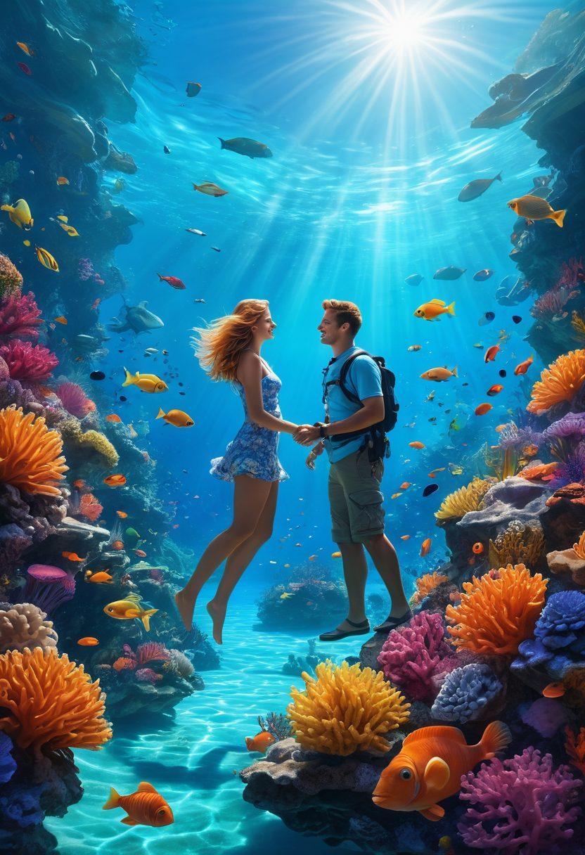 A whimsical scene of a couple joyfully exploring a vibrant underwater world, surrounded by colorful fish and quirky coral formations, showcasing their adventurous spirit. The couple is playfully interacting with the marine life, exuding affection and joy. The background features a bright blue ocean with beams of sunlight filtering through the water. whimsical illustration. vibrant colors. 3D.