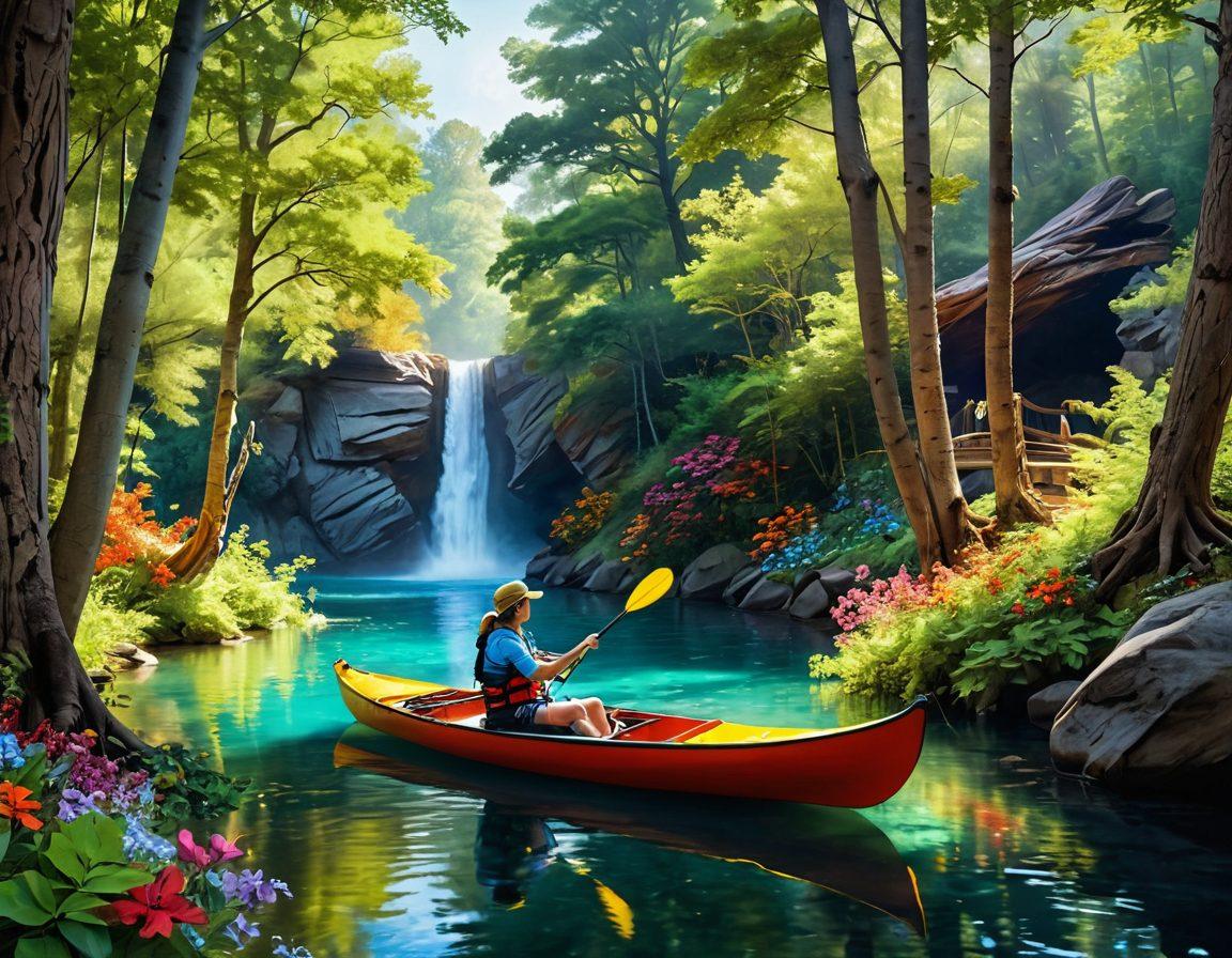 A couple exploring a vibrant forest filled with hidden nooks and crannies, engaging in adventurous activities like zip-lining and kayaking. The scene features colorful flowers, playful wildlife, and a sparkling river, symbolizing the excitement of re-igniting love. The mood is joyful and romantic, with soft sunlight filtering through the trees. super-realistic. vibrant colors. nature-inspired.